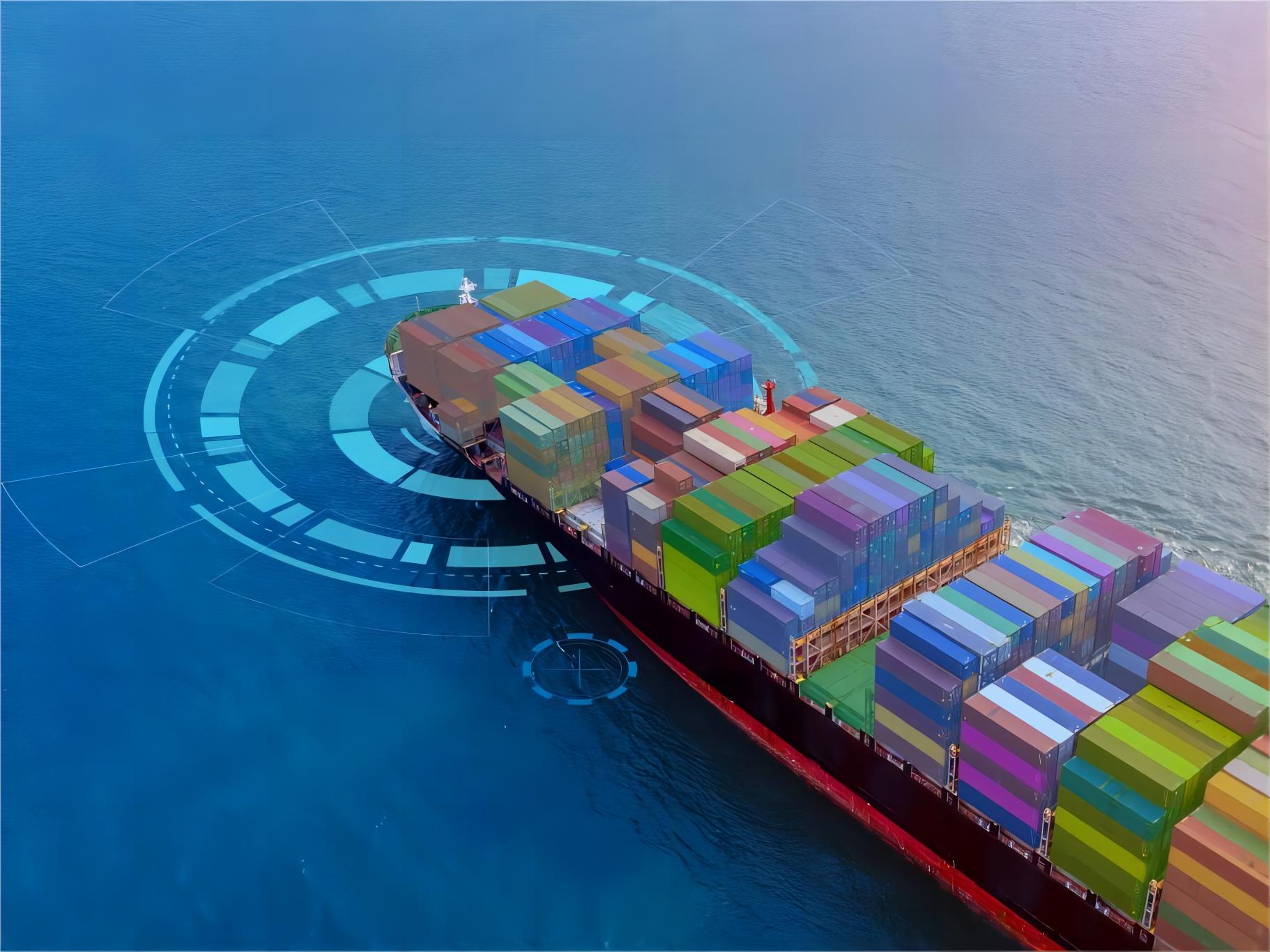 Cargo ship at a busy Chinese port during sunset