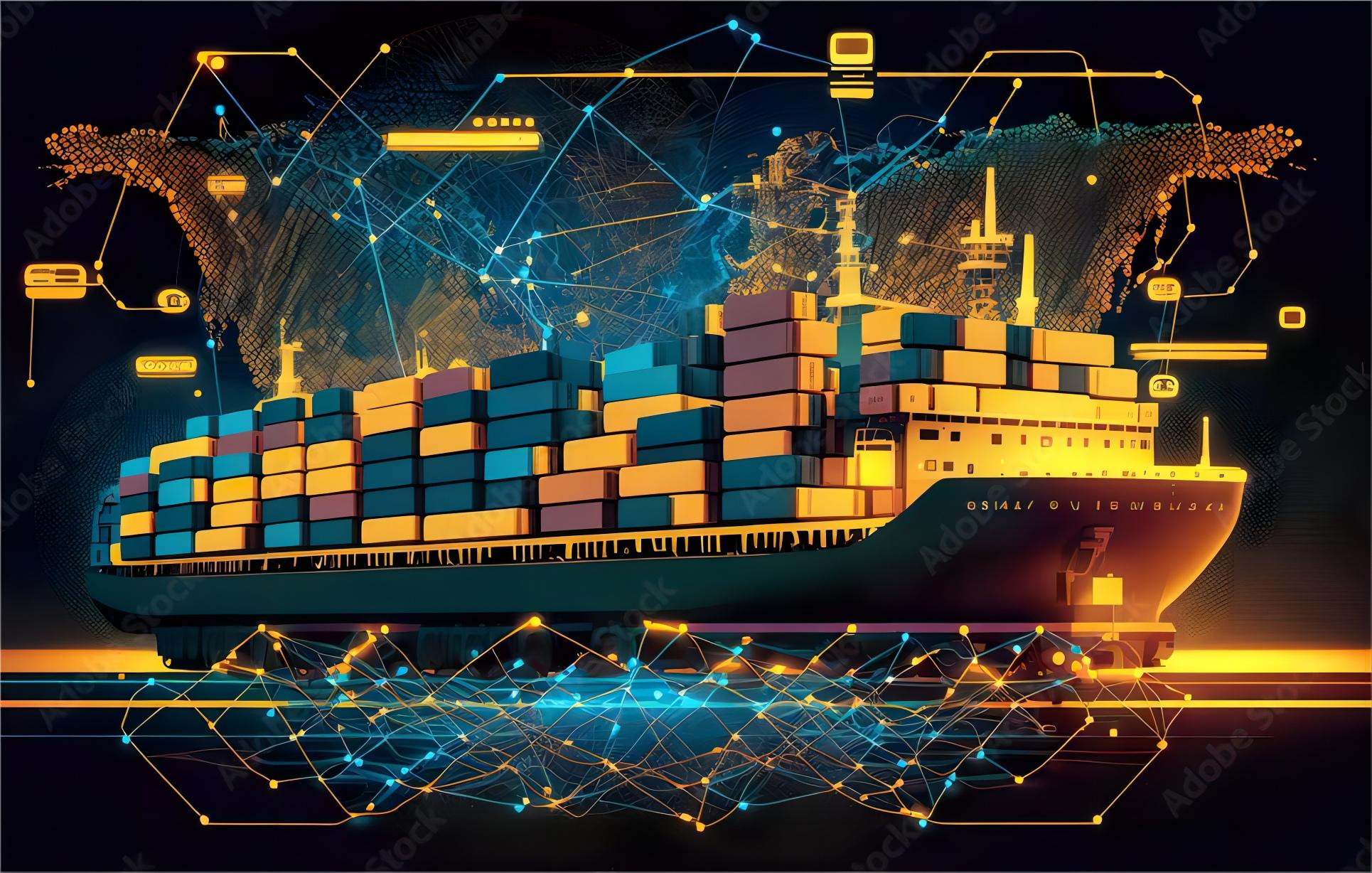 Cargo ship loaded with containers at a busy port